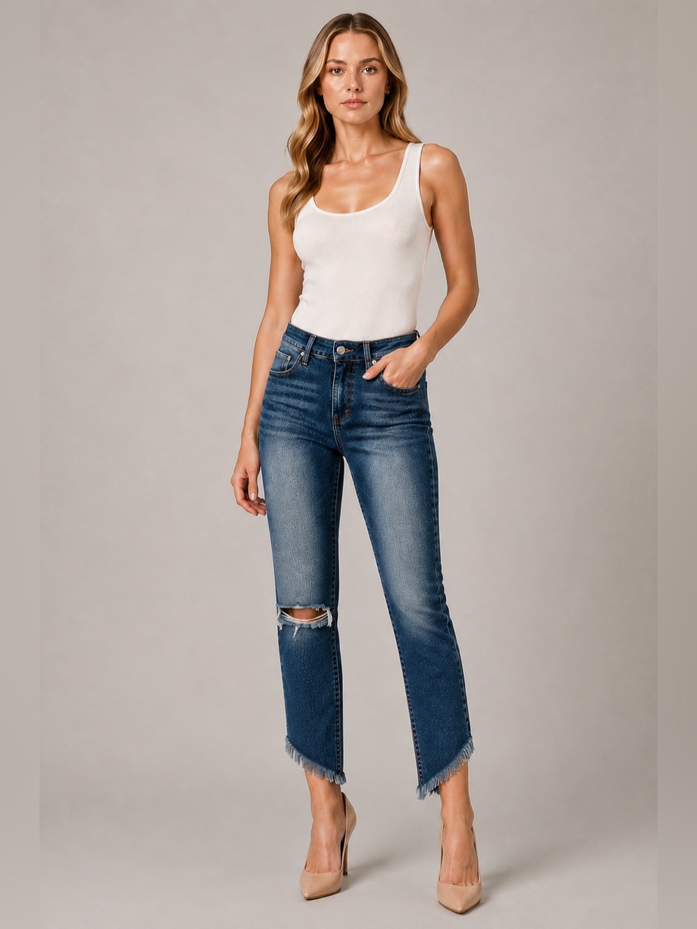 Lanca Perfume Diana Jeans 36 Distressed US 4 Raw Frayed Hem Skinny Stretch Denim - Picture 2 of 12